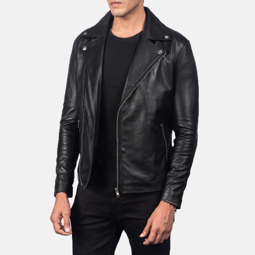 Black Handmade Real Leather Biker Jacket - Picture 8 of 9